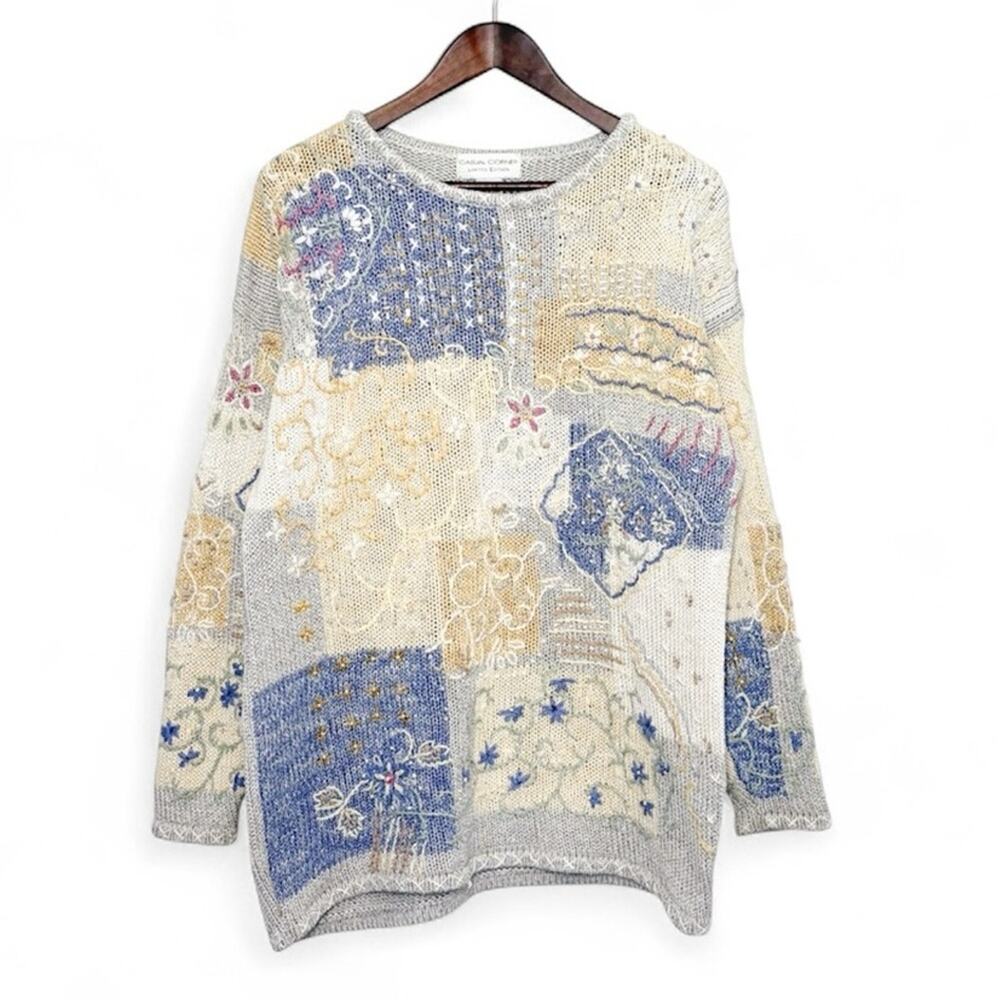 Casual Corner VTG 90s Patchwork Sweater Women M Pastel Embroidered Beaded Floral